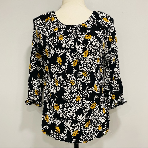 FRNCH Tops - FRNCH Small/Medium Black Gold Floral Crepe Blouse Back Zipper Fairycore Cottage